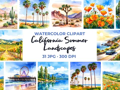 Summer California Vibes Clipart background california california poppy clipart golden state illustration jpg junk journal pages landscape pacific coast pattern poppy scrapbook images summer watercolor