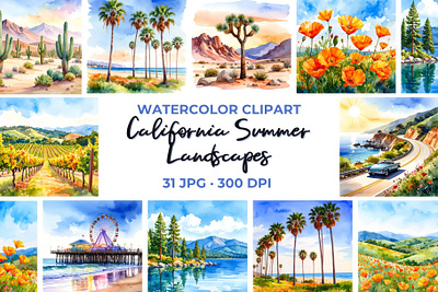 Summer California Vibes Clipart background california california poppy clipart golden state illustration jpg junk journal pages landscape pacific coast pattern poppy scrapbook images summer watercolor