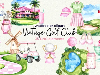 Vintage Golf Club – Pink Edition 50s baby birthday birthday clipart coquette cute girly golf golf ball golf cart golf club golf course illustration mini golf nostalgic pink retro vintage