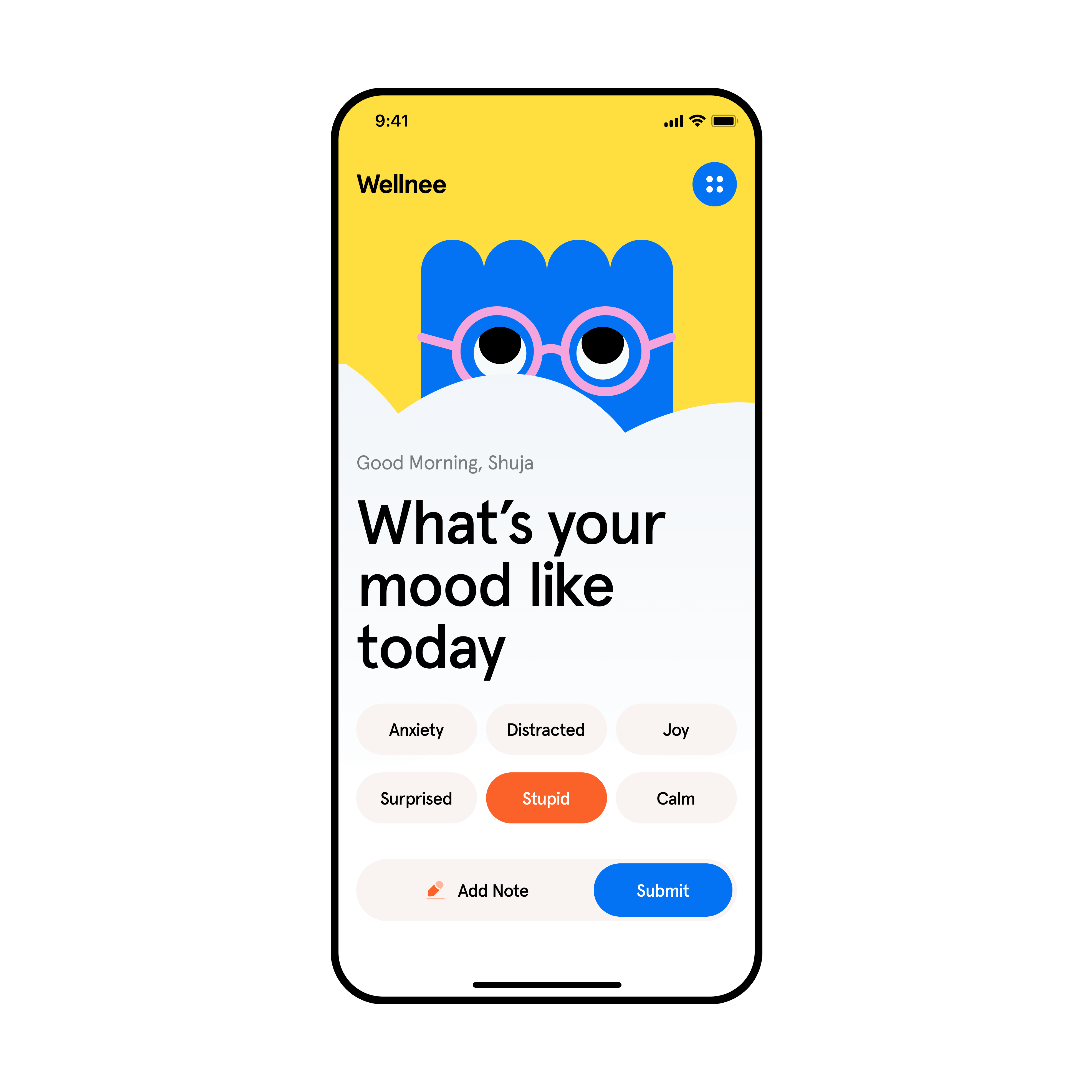 Wellnee - Mood Tracking App colorfull mobile app emoji emoticon illustration mobile app mobile ux mood tracking ui ux wellness app