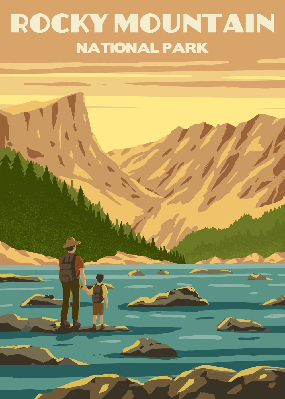 Rocky Mountain National Park adventure america camp colorado father forest illustration landscape national park nature retro river rocky mountain son vintage wild
