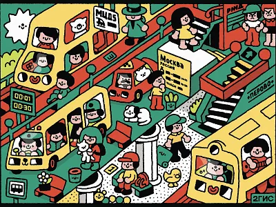 2GIS map 2gis cartoon cute design doodle fun graphic design illustration japanese kawaii location map metro people place subway transport wimmelbuch