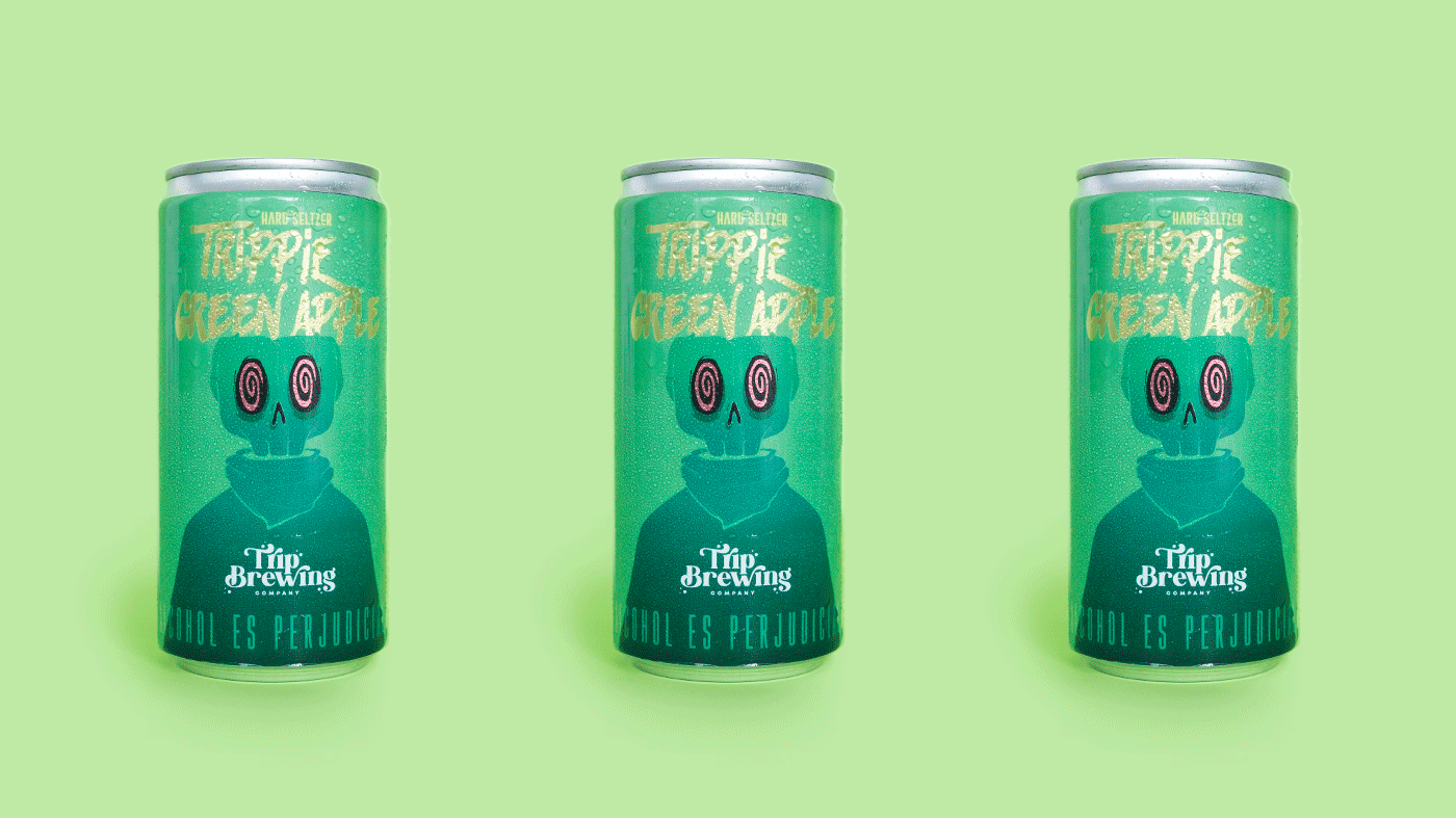 "Trippie" Hard Seltzer beer branding can caracter design craft hard seltzer design flat illustration graphic design green illustration label lettering print texture