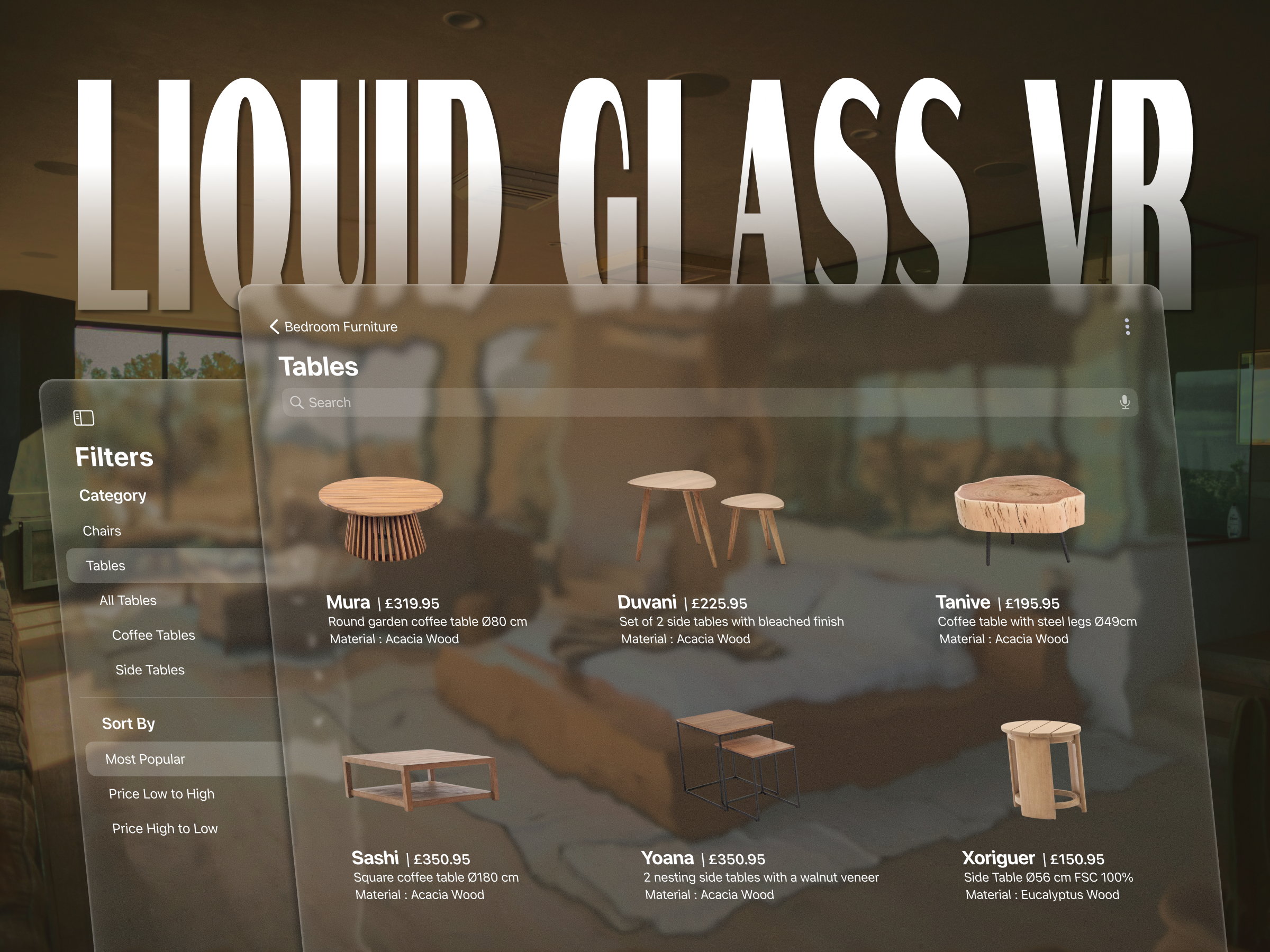 LiquidGlass VR – Immersive Furniture Shopping in Virtual Reality 3dui designthinking ecommerceapp figmadesign furnitureapp futuristicui glassmorphism immersiveui interactiondesign productdesign shoppingapp spatialdesign uidesign uxdesign virtualrealitydesign vrdesign vrinterface