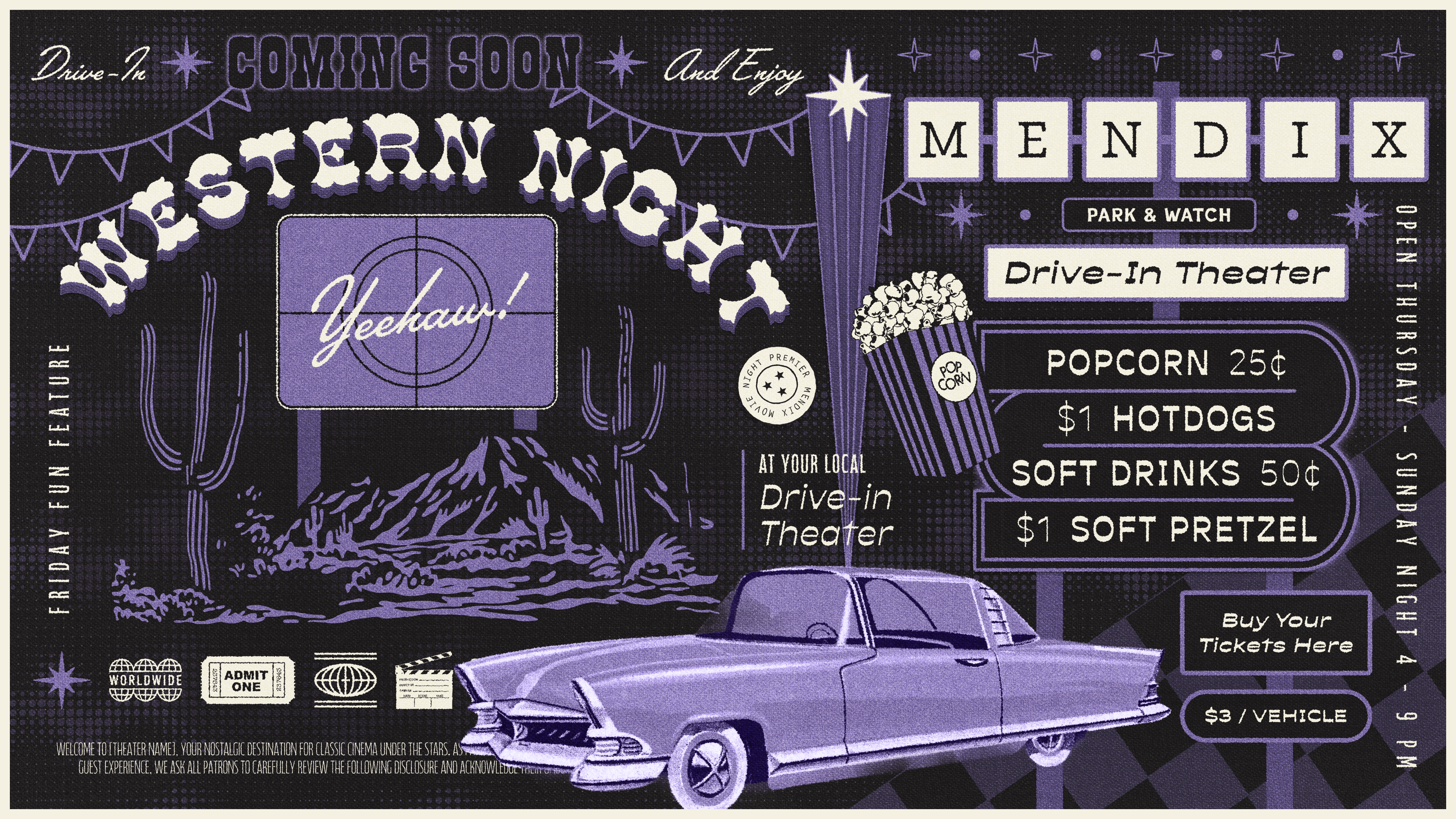 Mendix Drive-In Theater car cinema cowboy drive in drive in theater illustration mendix mid mod movie movie night popcorn purple retro summer theater typography vintage vintage signage western yeehaw