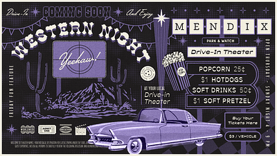 Mendix Drive-In Theater car cinema cowboy drive in drive in theater illustration mendix mid mod movie movie night popcorn purple retro summer theater typography vintage vintage signage western yeehaw