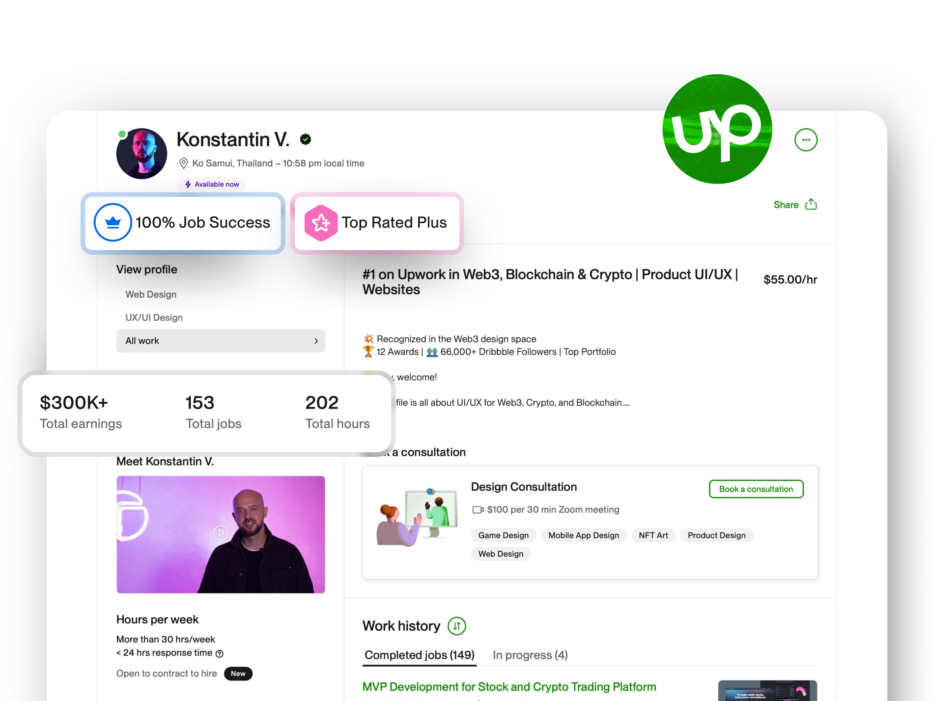 Example of Upwork Top Rated Plus UX/UI Lead Designer — Web3 | Crypto | AI
