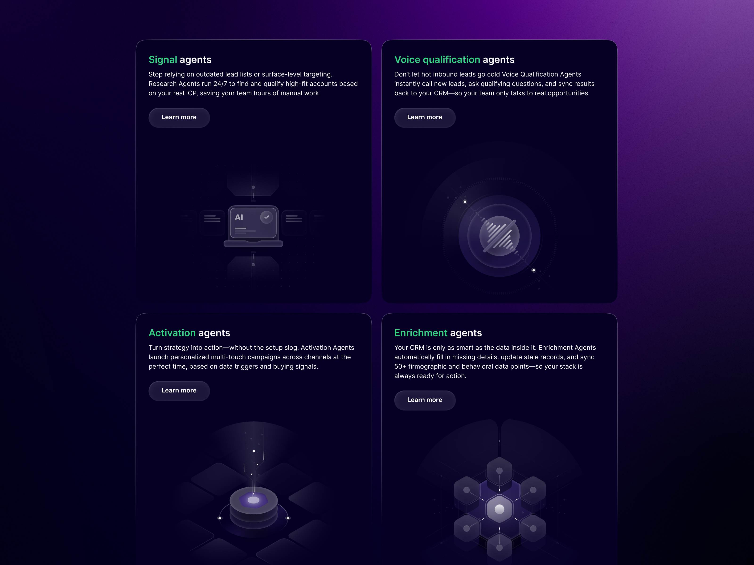 Bento Cards AI Agents ai ai agent ai agents audience agents automation bento chat gpt crm enrichment features illustration landing page marketing marketing agent perplexity prospecting prospecting agent sdr tool voice agent workflow