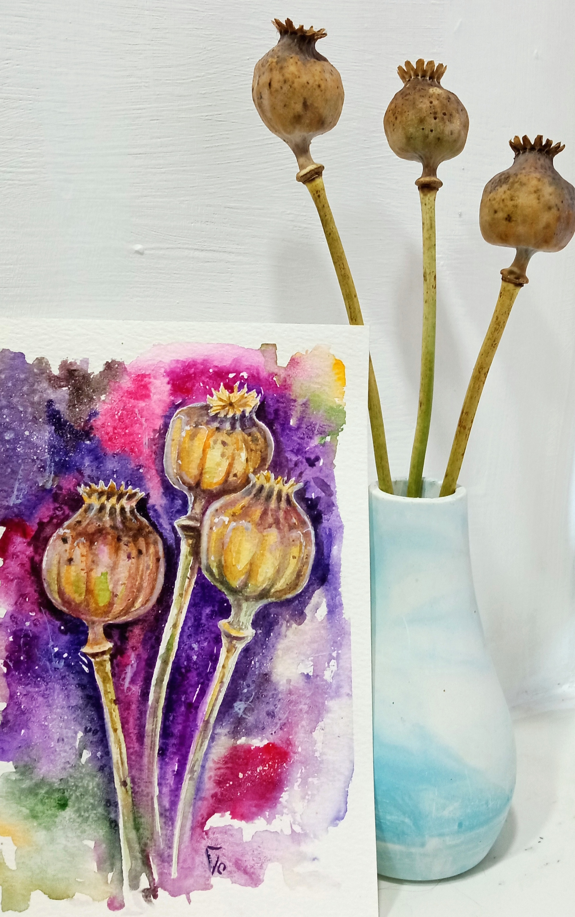 Mini Original Watercolor Painting – Poppy Seed Pods – Ukraine art flower hand painted handmade nature paint painting poppy ukraine