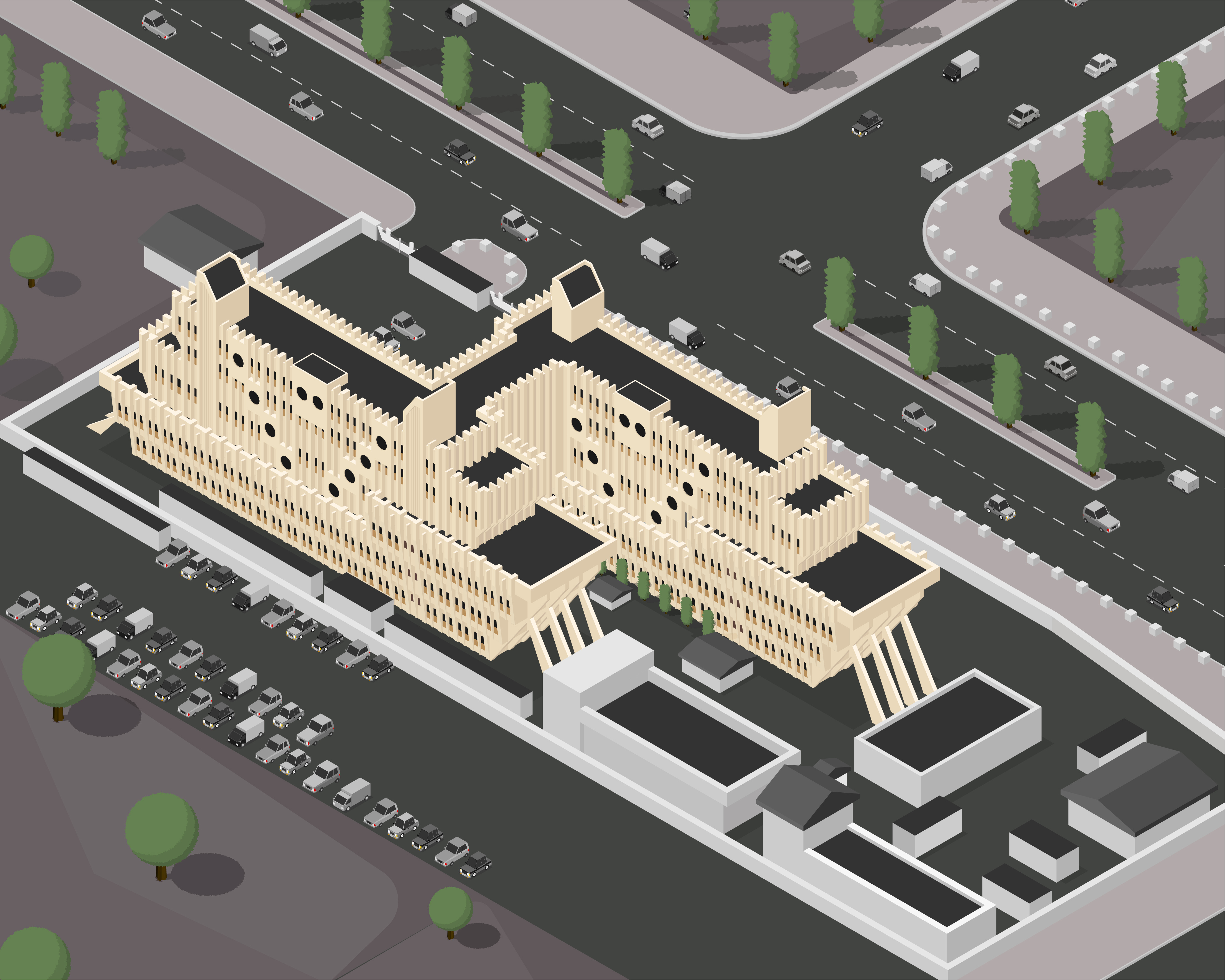 Abuja Ship House (Ministry of Defense), Abuja, Nigeria architecture isometric illustration