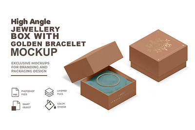 Jewelry Box Golden Bracelet PSD Mockup box box mockup bracelet bracelet box mockup branding design macbook mockup mockup packaging template