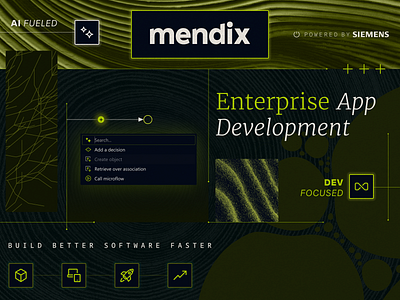 Mendix App Dev Booth ai app application booth booth design dark mode design dev dev mode development enterprise genai green illustration low code mendix platform siemens typography ui