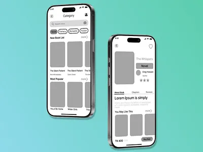 Mid-fidelity wireframe concepts for a book shop graphic design ui