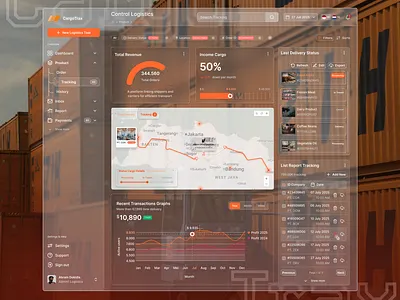 CargoTrax - Modern Logistics Control Dashboard with Glass Effect 3d animation branding cargo dashboard effect glass figma glassmorphism graphic design graphs logistics logo modern ui motion graphics realtimedashboard shipping stylish ui tracking shippment ui update figma