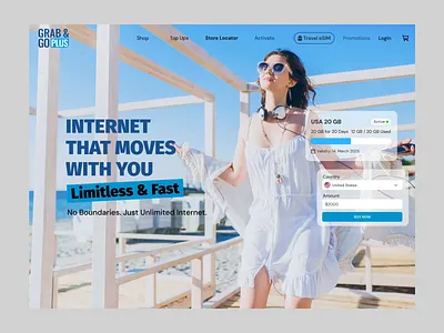 Grab & Go Plus - Travel eSIM Homepage animation branding card esim design figma grabandgoplus homepage landingpage layoutdesign travel esim ui webdesign