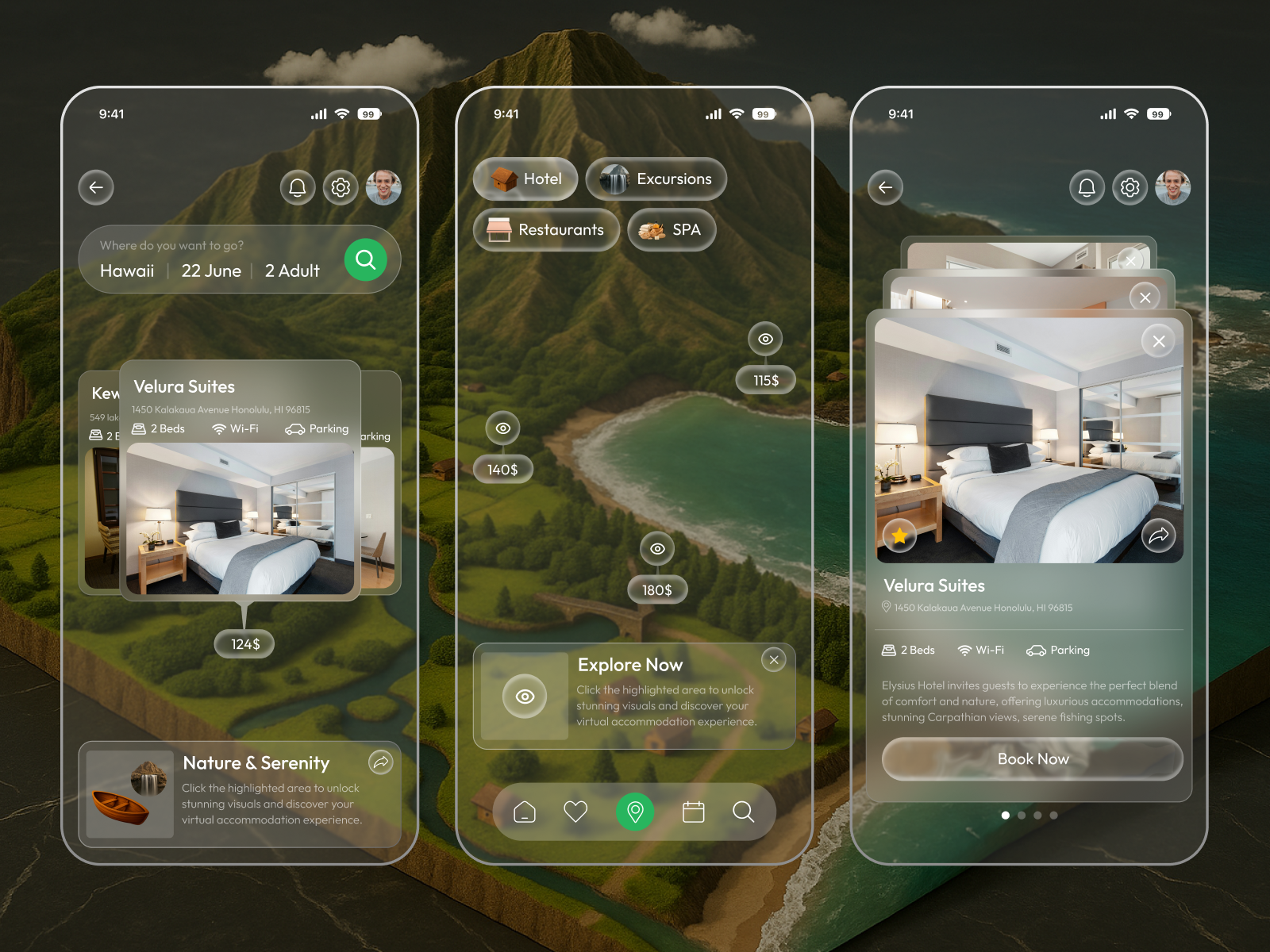 Example of Hotel Booking App UI – Glassmorphism, Interactive Map 2025