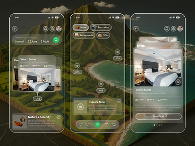 Hotel Booking App – Glassmorphism UI for Travel & Stay androidapp appdesign applicationdesign bookingapp cleanui designinspiration figmadesign glassmorphism hotelbookingapp iosapp minimaldesign mobileapp mobiledesign modernui travelapp travelux trendydesign uidesign uxdesign uxui