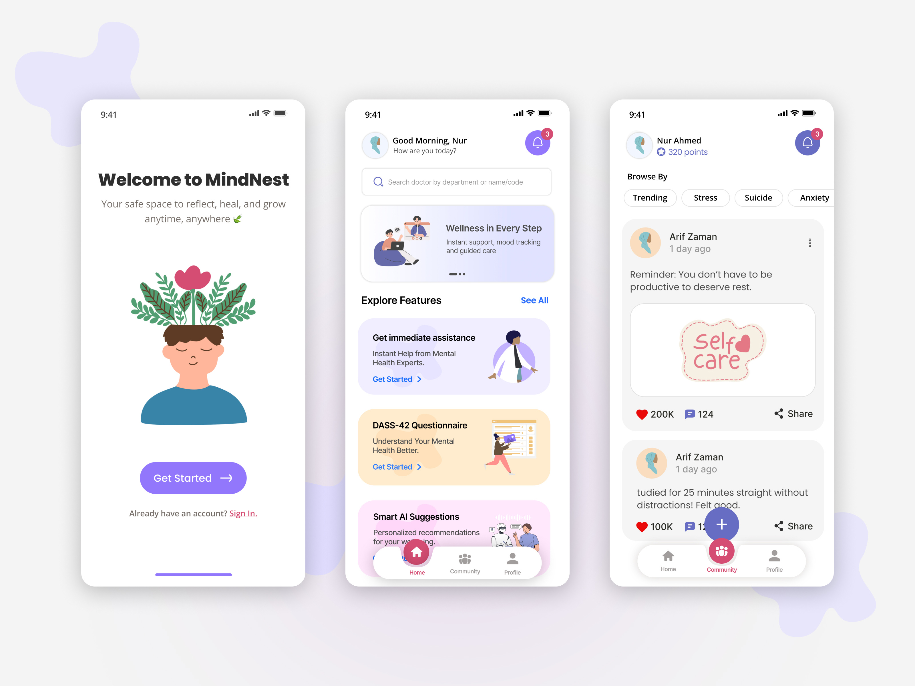 Mindnest Mental Health App UI app depression design home screen homepage ios app medical mental illness mentalhealth mobile mobile app mobile ui self care sign in ui uidesign uiux user interface ux