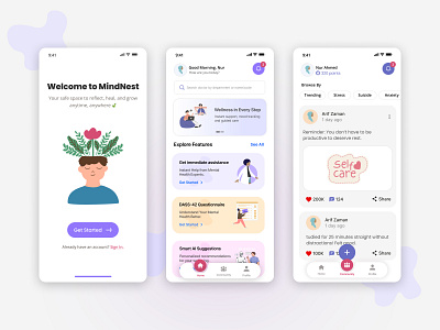 Mindnest Mental Health App UI app depression design home screen homepage ios app medical mental illness mentalhealth mobile mobile app mobile ui self care sign in ui uidesign uiux user interface ux