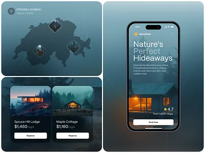 Luxury Cabin Booking App — Nature Retreat UI airbnb style app app design booking booking ui claen interface dark theme app hotel booking ios lodging luxury cabin mobile app mobile ui nature app product design stay booking travel app travelux vacation rental