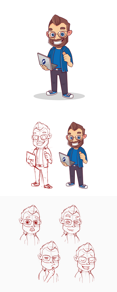 Custom Mascot Design – Geeky Character with Laptop bearded character branding business character character clean colorful cute design expressive mascot fun branding geek illustration illustration logo mascot mascot design sketch tech mascot ui ui mascot vector character