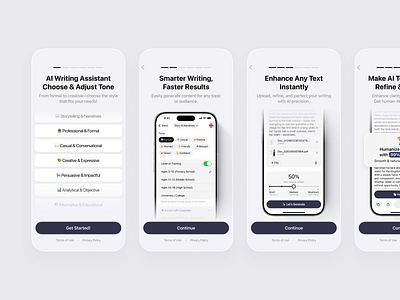 AI Writing Assistant App Onboarding ai app app store assistant chat design edit ios mobile mockup modern onboarding steps templates text ui ux writing