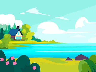 A peaceful lake house america art book countryroad flat illustration flowers home house illustration lake lakehouse landscape minnesota nature peace real estate vector west