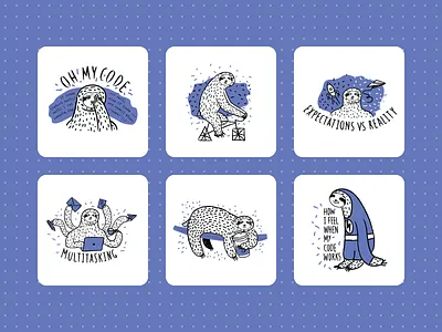 Creative Sticker Illustrations characterdesign designhumor devlife fundesign illustration sloths stickerdesign ui design ux design vectorart