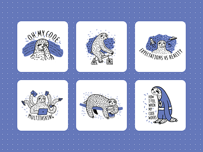 Creative Sticker Illustrations characterdesign designhumor devlife fundesign illustration sloths stickerdesign ui design ux design vectorart