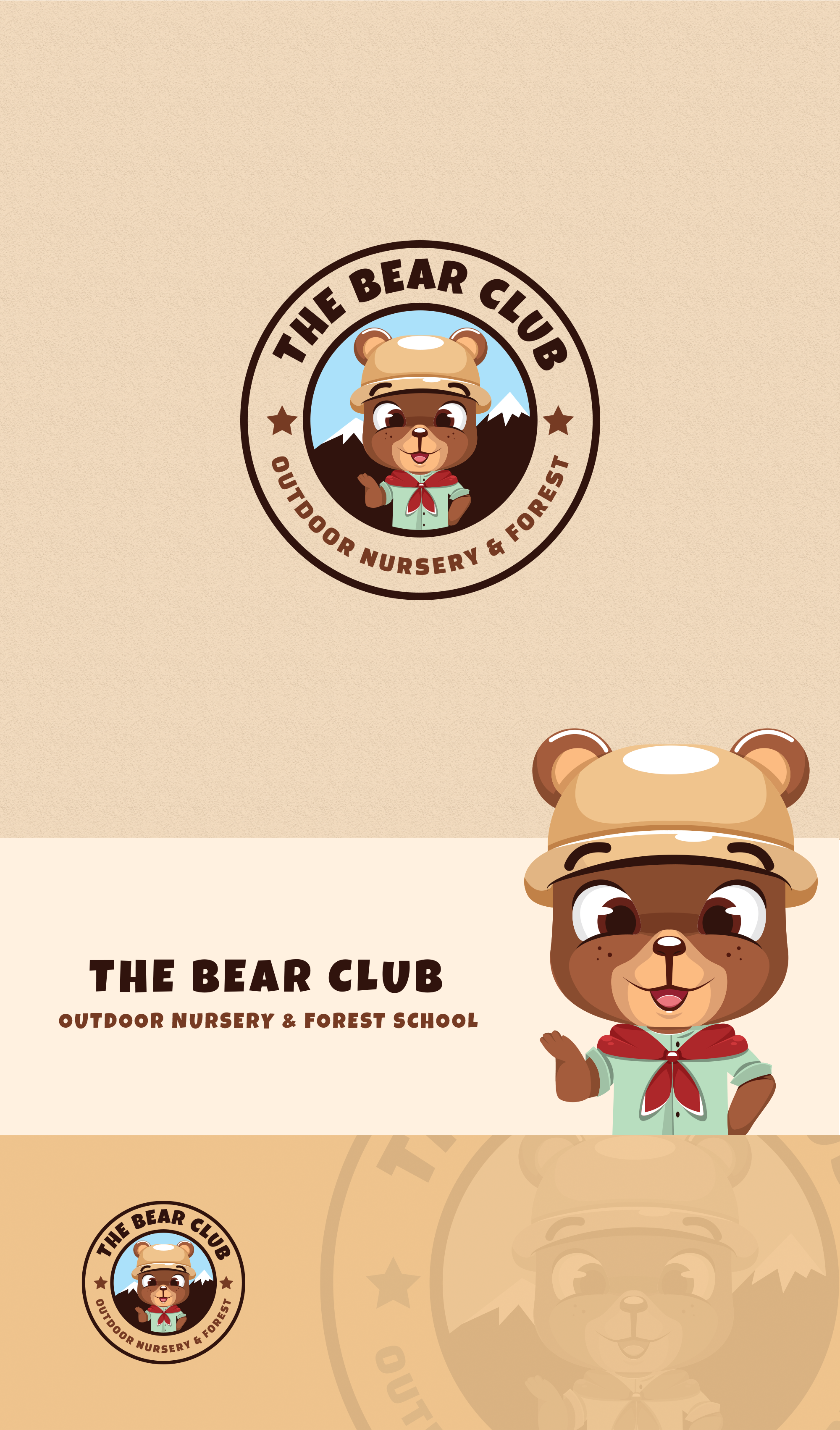 The Bear Club – Friendly Mascot Logo for a Forest School Brand bear mascot branding camp character children logo clean colorful cute design forest school branding illustration kids logo mascot logo outdoor school logo playful branding preschool logo ui vector warm colors