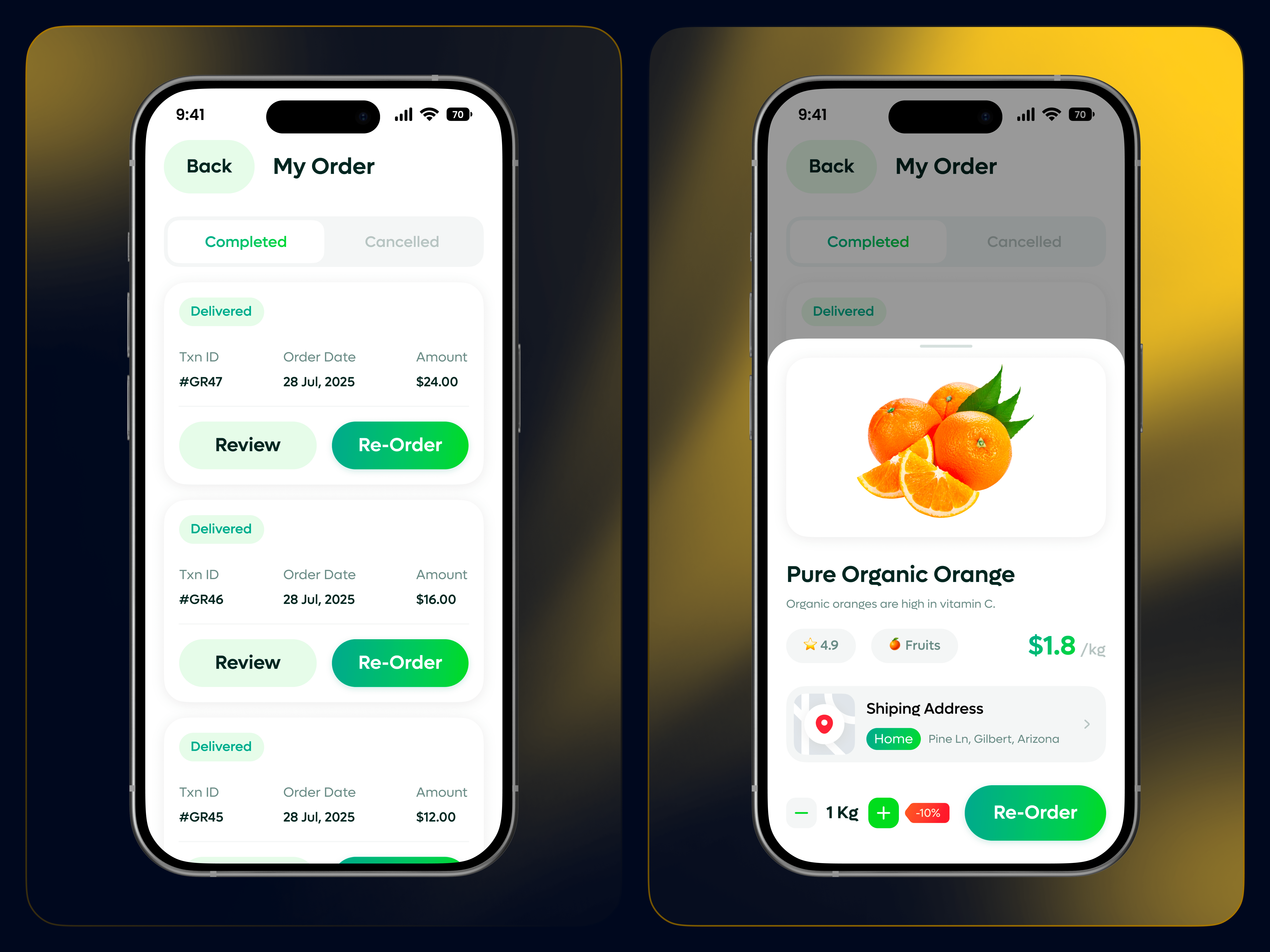 Grocery Mobile App - My Order Screen app design checkout ui clean ui ecommerce ui food app ui grocery app grocery ui minimal ui mobile ui my order order details order flow order history purchase history reorder ui shopping app track order ui ux user interface ux design