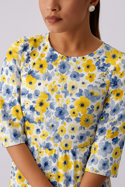 "Sunny Bloom" - Floral Print Dress Design Mockup bellsleeve