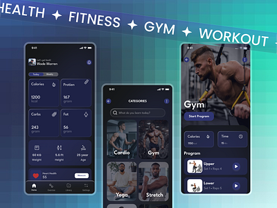 Fitness App UI Design appinterface branding calorietracking exerciseapp fitnessapp fitnessdesign fitnesstracking gymapp healthapp healthtracking logo mobileappdesign mobileui personalizedworkouts ui uiuxdesign workoutcategories workoutprogress workoutui