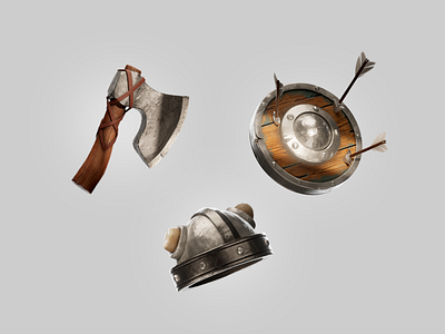 Viking Gear Set — Axe, Shield & Helmet 3d axe cgart gameassets helmet illustration rboy redshift render rocketboy shield viking