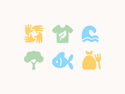 Ocean-themed icons cleaning eco environment fish garbage gloves leaf nature ocean sea t shirt team tree volunteer wave