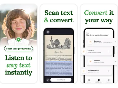 Text to Audio App – App Store Screenshot Design app store convert figma graphic design listen mobile app scan screenshot text to audio ui ux