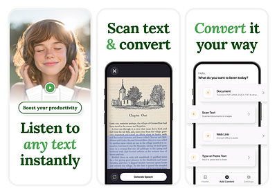 Text to Audio App – App Store Screenshot Design app store convert figma graphic design listen mobile app scan screenshot text to audio ui ux