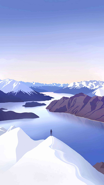 Looking up at the Snow-Covered Lake adventure countryside digtal art drawings fasion illustration lake landscape moutains nature painting poster snow