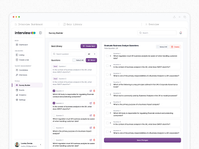 Interview Survey Builder SaaS design assessment builder builder candidate dashboard hiring hr dashboard hr tools interview job library management minimal productivity ui question quiz quiz creation recruitment software saasfactor survey builder top design agency