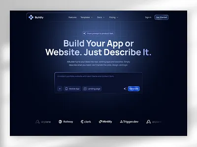 AI App builder landing page design ai app builder ai prompt generation ai website builder branding clean clean landing page dark blue landing page dark mode landing page saas ui web design