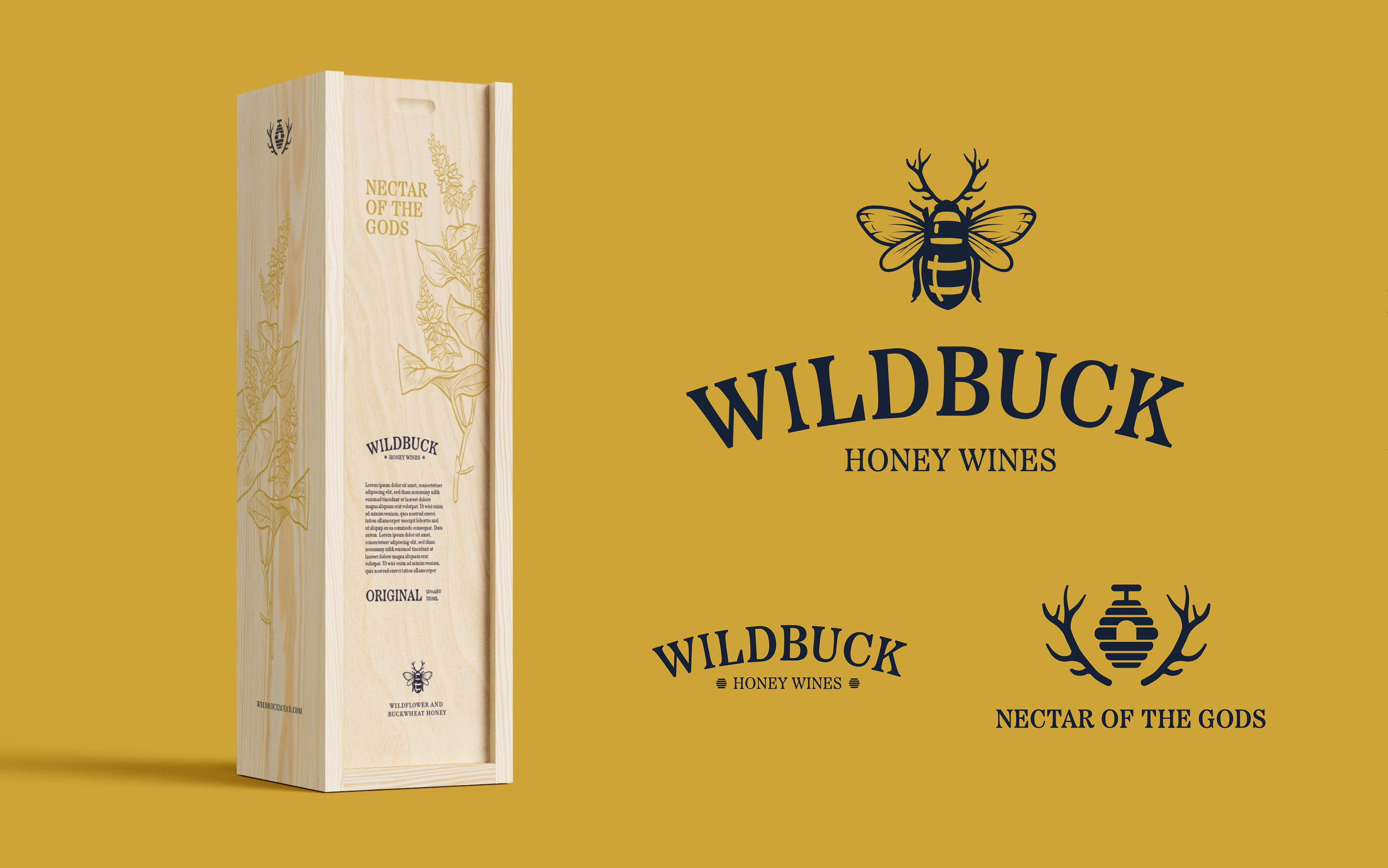 Wildbuck Branding bee bee logo botanical illustration branding graphic deisgn hive honey bee honey logo honey packaging illustration logo logo design mead retail packaging vector art wine wine box wine brand wine packaging