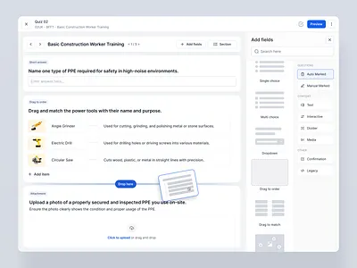 Quiz Builder UI – Training and Assessment Platform assessment platform b2b saas product course assessments course builder drag and drop edtech design form builder learning management system lms questions and settings quiz builder ui survey builder ui uiux white label ui workflow builder