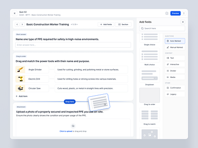 Quiz Builder UI – Training and Assessment Platform assessment platform b2b saas product course assessments course builder drag and drop edtech design form builder learning management system lms questions and settings quiz builder ui survey builder ui uiux white label ui workflow builder