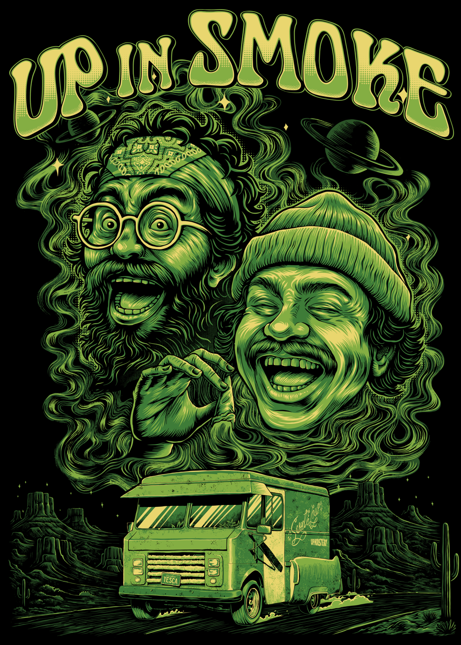 UP IN SMOKE branding cheech and chong design drawing hippies illustration tee design vector weed