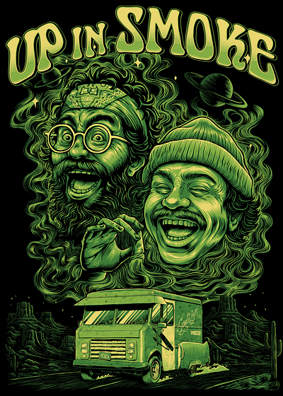 UP IN SMOKE branding cheech and chong design drawing hippies illustration tee design vector weed
