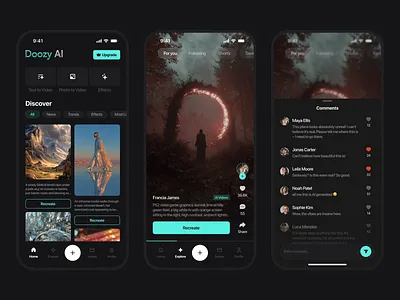 AI Video Generator App – Social Feed & Comments UI Design ai app comments feed figma mobile mobile app product design social ui design ux design video generator