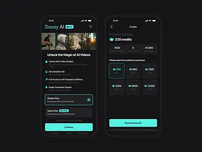 AI Video Generator App – In App Purchase & Subscription Flow UI ai app credit figma generator in app purchase mobile mobile app paywall product design subscription ui design ux design video