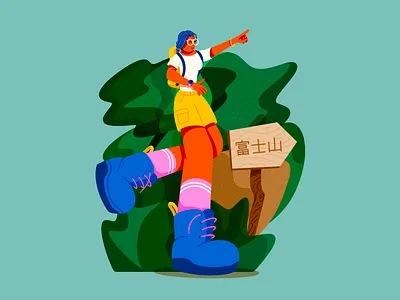 On the way to Mount Fuji character explorer fuji girl hiking illustration illustrator japan miguelcm nature procreate scene