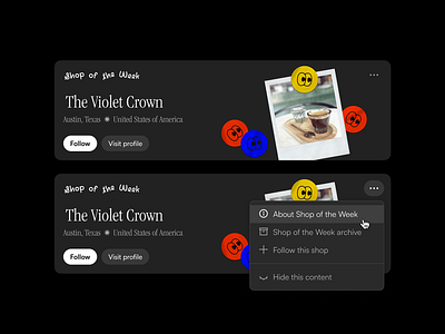 Shop of the Week Card UI with Options app app ui clean design dark dark mod design e commerce e commerce ui graphic design local business online shop shop shop feature ui ui card ui design ux uxui