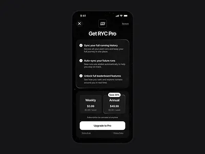 Run Tracking App - Dark Themed Conversion Focused Paywall UI app benefit conversion dark theme figma focuse map mobile mobile app paywall product design run tracking subscription ui ui design upgrade ux design